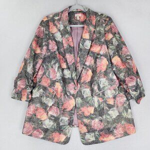 LOGO Lavish Jacket Womens 1X Pink Gold Floral Lori Goldstein Blazer 3/4 Sleeve